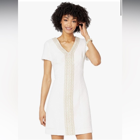 ☀️ Lilly Pulitzer White and Gold Arie Stretch Shift Dress - Picture 10 of 10
